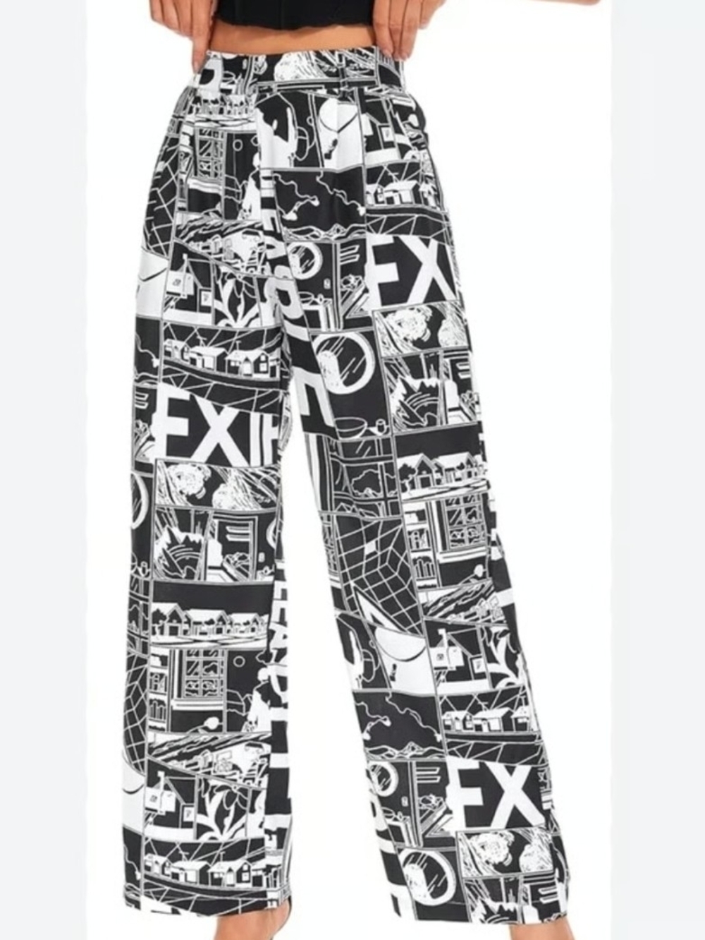 Wide Leg Graphic Print Pants - Black & White